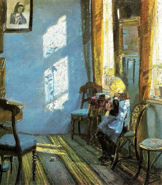 Anna Ancher solskin i den bla stue, helga ancher hakler ibedstemoderens stue